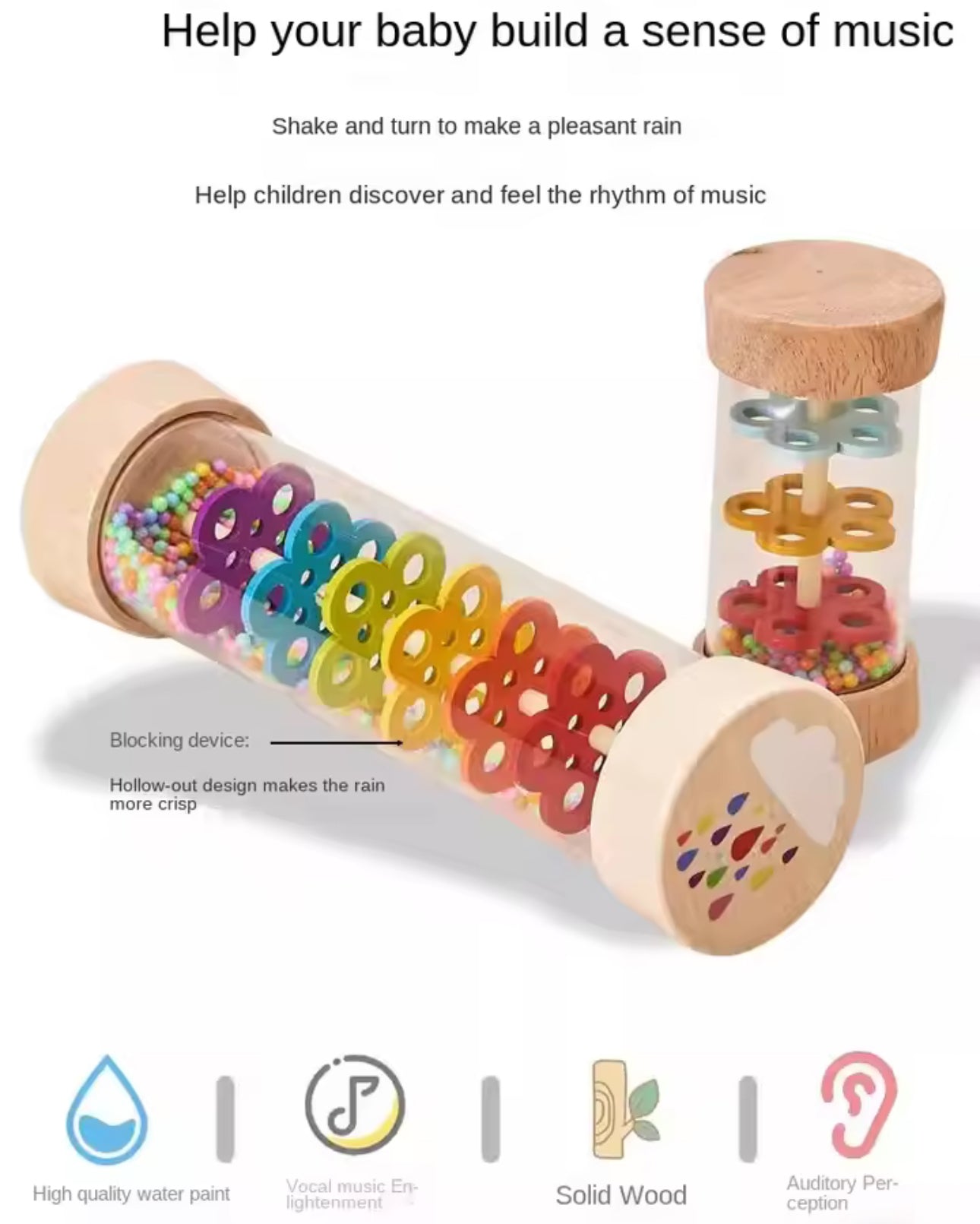 Wodi Toys Szivárvány esőbot, baba csörgő fa játék