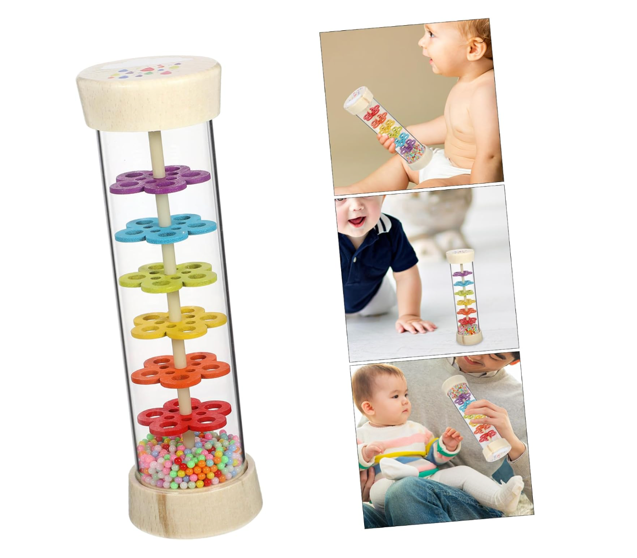 Wodi Toys Szivárvány esőbot, baba csörgő fa játék