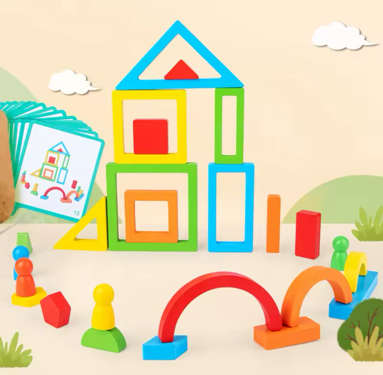 Montessori fából készült szivárvány építő kreatív játék + 18 Kátya