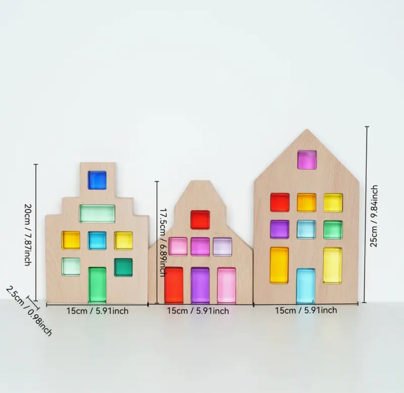 Montessori fa építőjáték házakkal és 50 db akril kockával