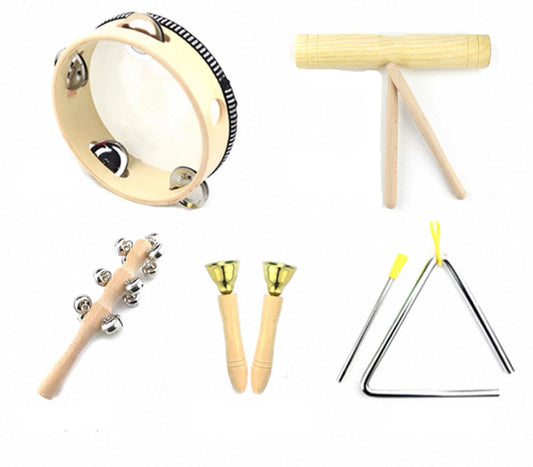 5 darabos Montessori gyermek hangszerkészlet tamburinnal, csengőkkel, háromszöggel, csörgő bottal és fa hangfával