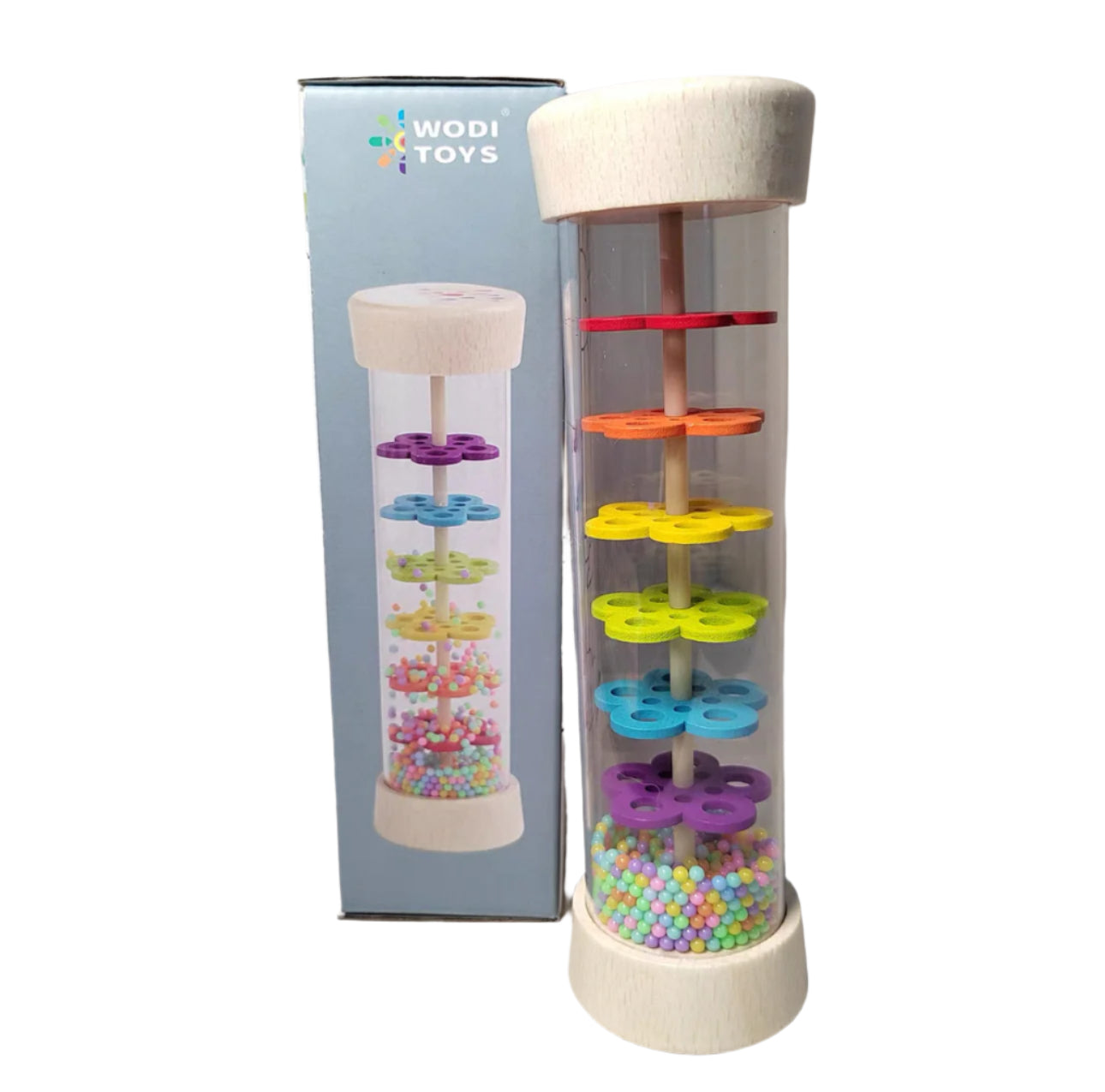 Wodi Toys Szivárvány esőbot, baba csörgő fa játék