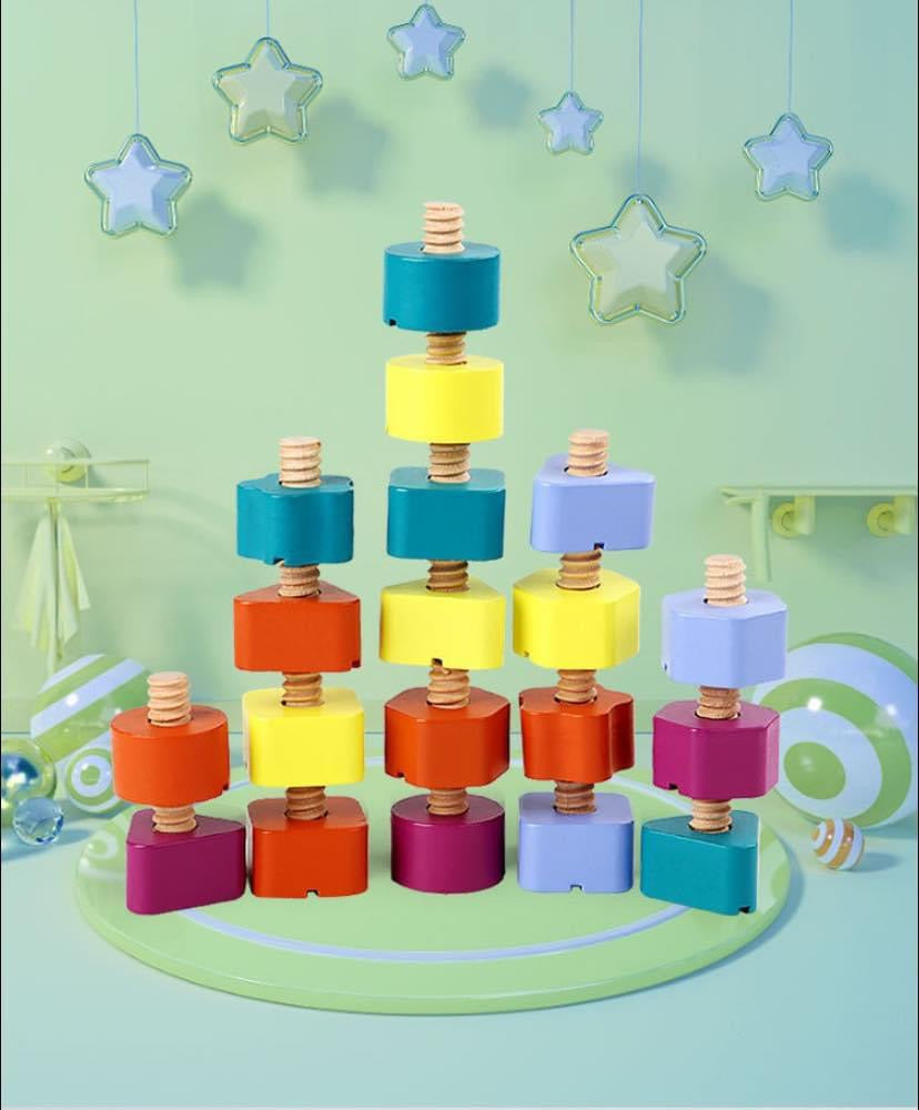 Montessori szivárvány fa csavaros formaberakó tábla – Színek és formák tanulása