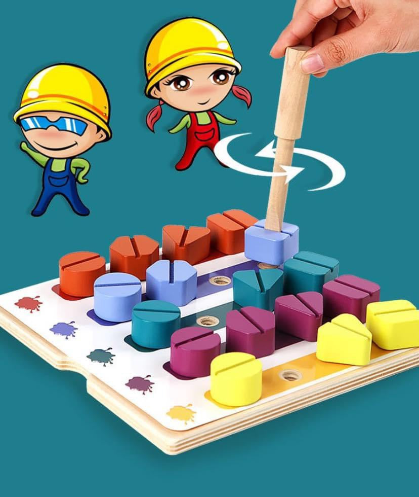 Montessori szivárvány fa csavaros formaberakó tábla – Színek és formák tanulása