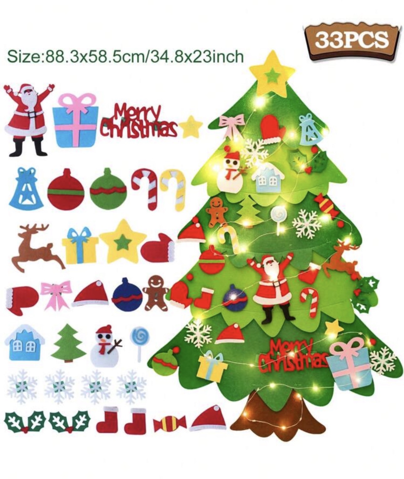 Filc Fali Karácsonyfa Gyerekeknek – 33 db Dísz