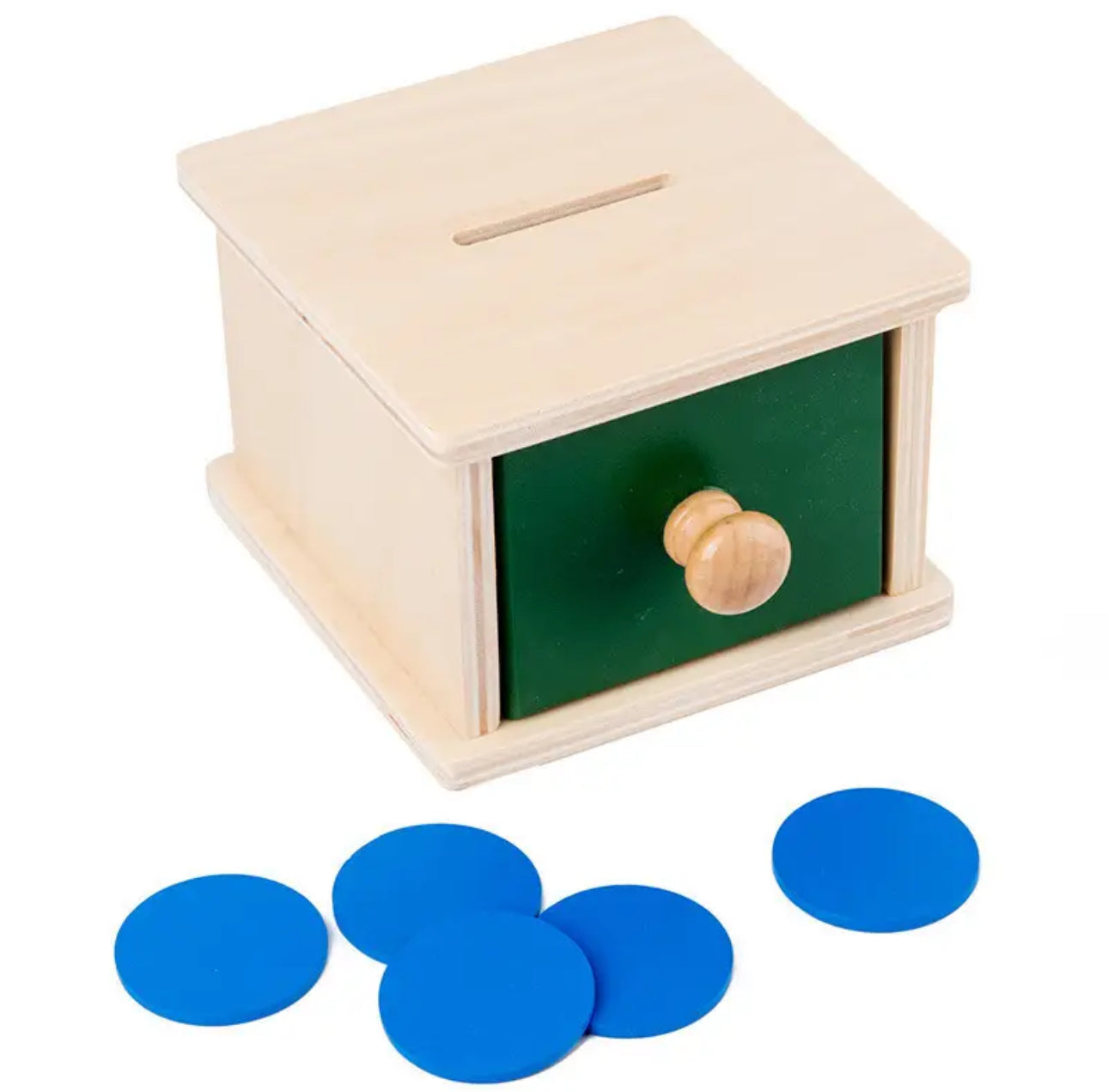 Montessori fa érmébedobó doboz fiókkal – Tárgyállandósági játék kisgyermekeknek