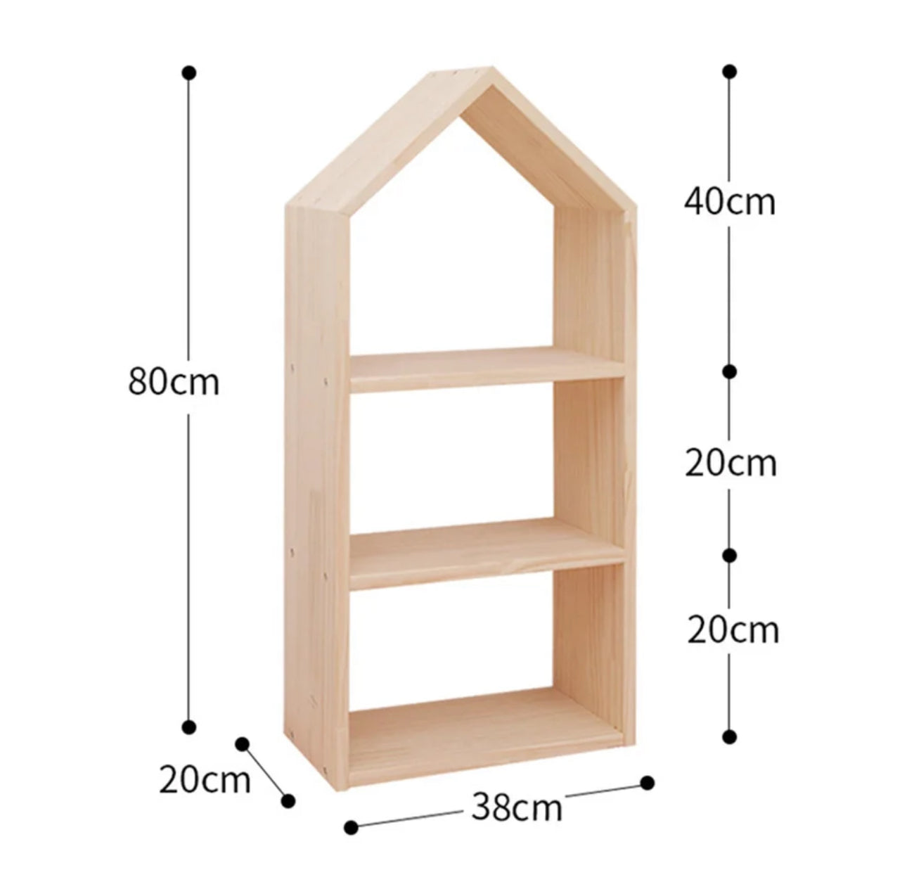 Fából készült ház formájú gyerek falipolc, három rekesszel, natúr fa kivitelben, méret 80×38×20 cm