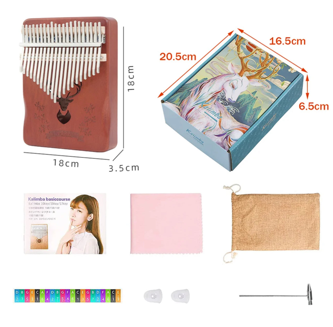 Kalimba hangszer szett hangolókalapáccsal, matricákkal, tisztítókendővel és tárolózsákkal.