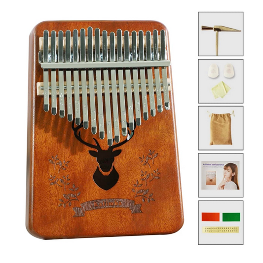 Kalimba szett hangolókalapáccsal, matricákkal, ujjvédőkkel és tárolótokkal.