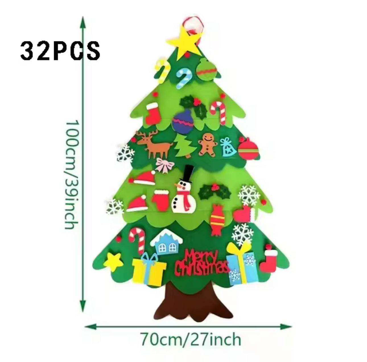 Karácsonyi filc fenyőfa készlet – hóember, szarvas és ajándék díszekkel