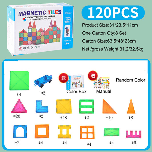Mágneses építőkocka 120 db-os szett – színes 3D építőjáték autó alappal és útmutatóval