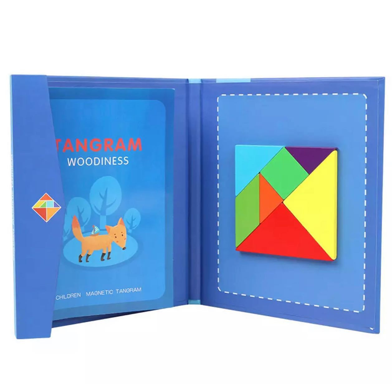 Mágneses tangram kirakó könyv színes elemekkel és feladatkártyákkal