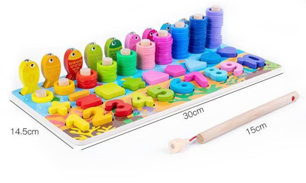 Montessori fa számolós horgász játék színes formákkal, mágneses horgászbottal és hal figurákkal