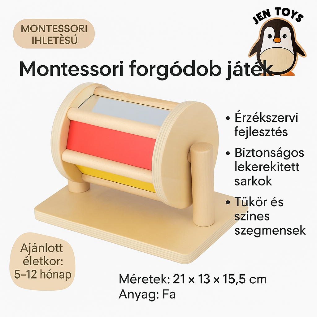 Montessori forgódob játék – fa szenzoros baba játék tükörrel és színes panelekkel (21 × 13 × 15,5 cm)