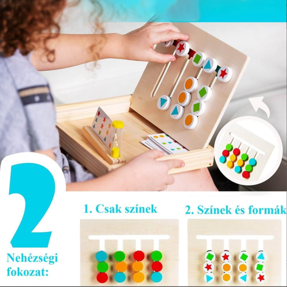 Montessori kétoldalas fa logikai játék színes gombokkal, formákkal