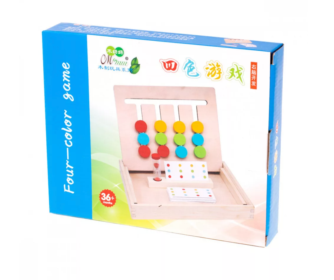 Montessori kétoldalas fa logikai játék színes gombokkal, formákkal, kártyákkal és homokórával