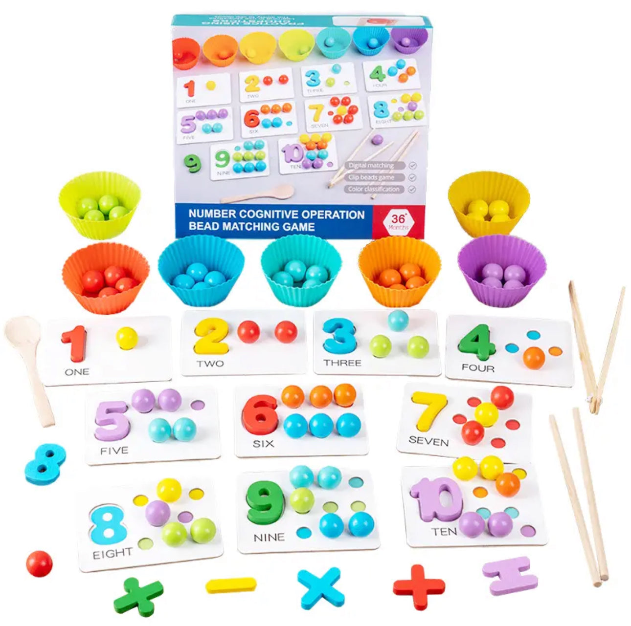 Montessori matematikai játék számokkal, gyöngyökkel, tálkákkal és feladatkártyákkal óvodásoknak.