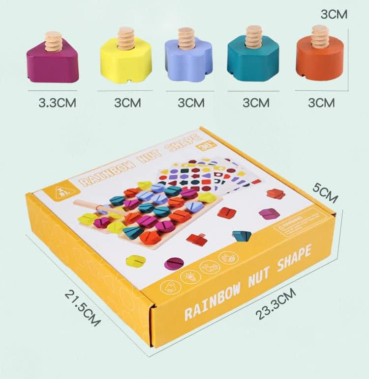 Montessori szín- és formafelismerő tábla csavaros elemekkel gyerekeknek.