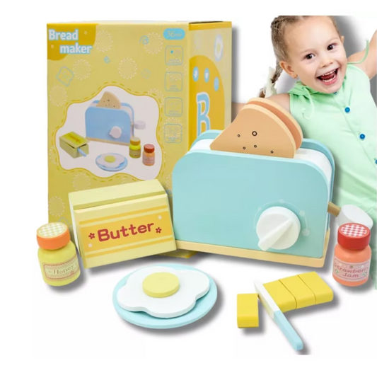 Kék kenyérpirító szett kiegészítőkkel: kenyérszeletek, vajrudak, kés, tojás és lekvár