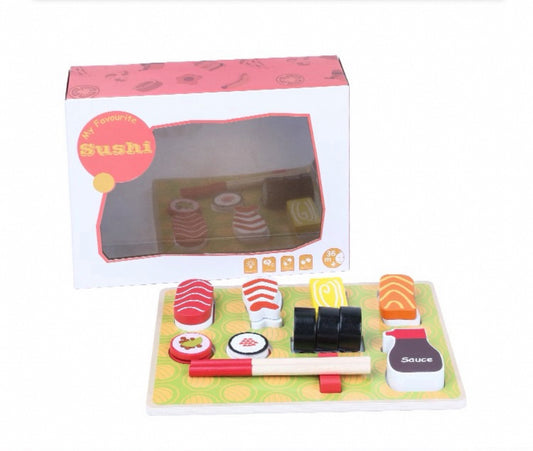 Fából készült sushi játékszett dobozban, sushi tálcával és kiegészítőkkel, méretadatokkal.