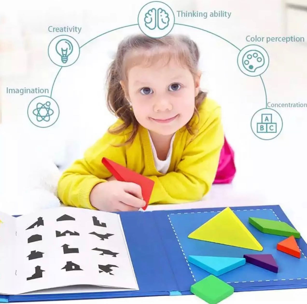 Mágneses tangram kirakó könyv – Montessori logikai és STEM utazó játék