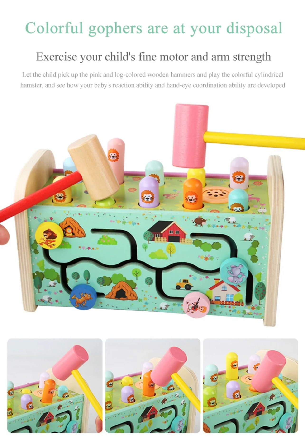 Montessori fa játék 3 in 1 Whack-a-mole Játék, érzékszervi játék