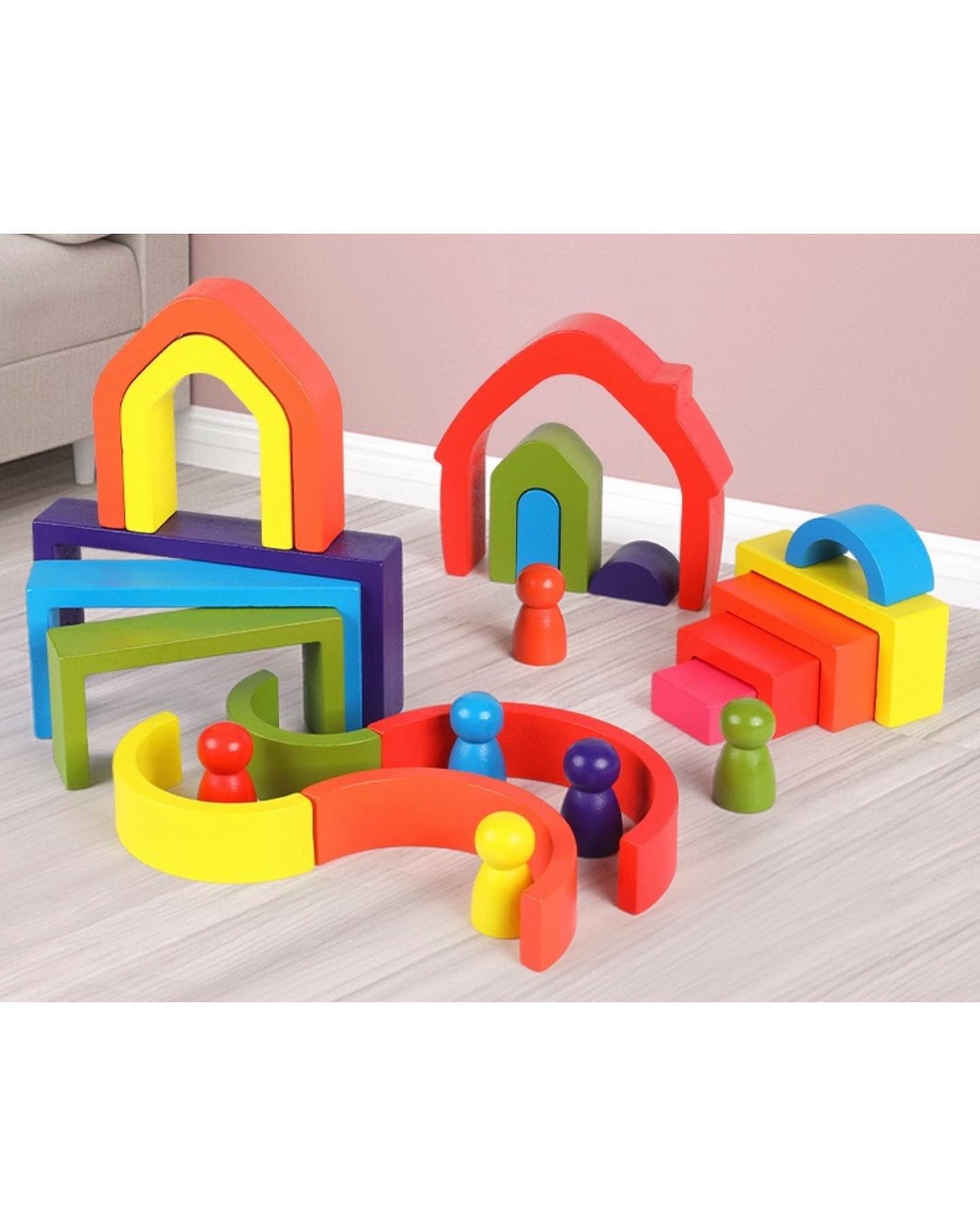 Kombinált Montessori szivárvány építő blokkok bábúkkal 24db