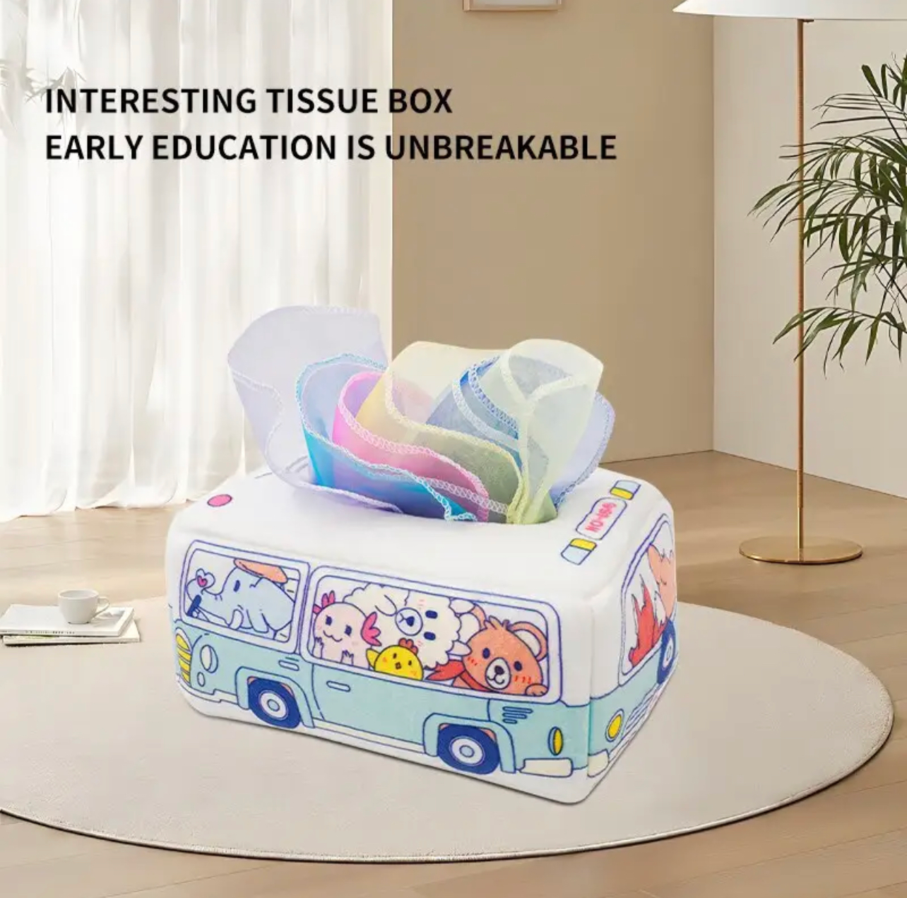 Montessori szenzoros kendős doboz – plüss busz játék 10 kendővel