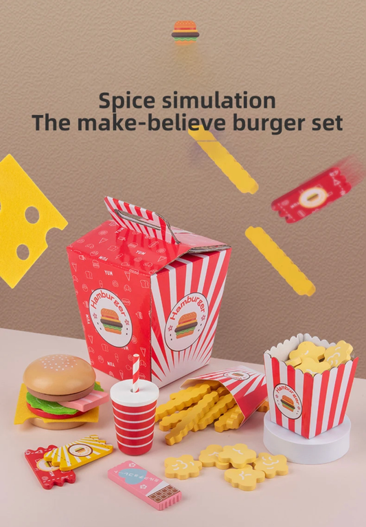 Hamburger menü fa játék szett tartozékokkal: hamburger, sültkrumpli, üdítő, ostya és szószok.