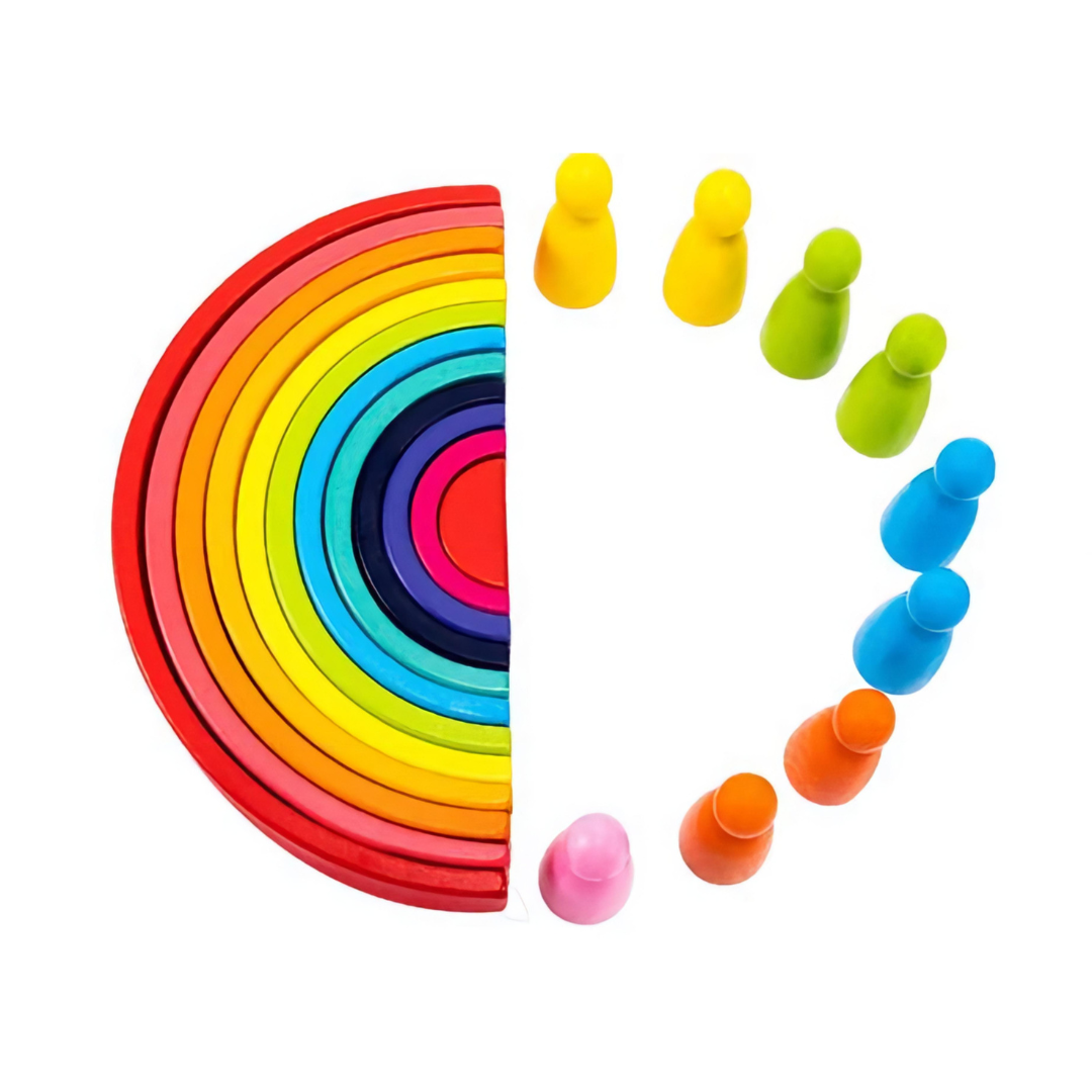 Szivárványos ívek oldalnézetből, rétegezve, Montessori fa játék.