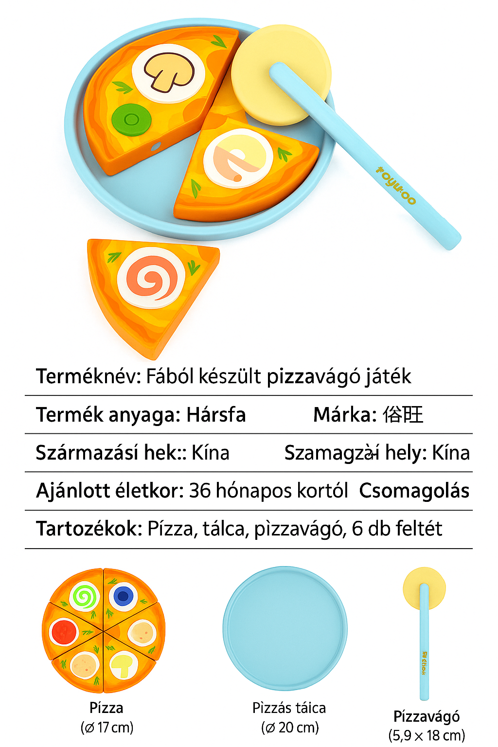 Fából készült mágneses pizza szeletelő játék