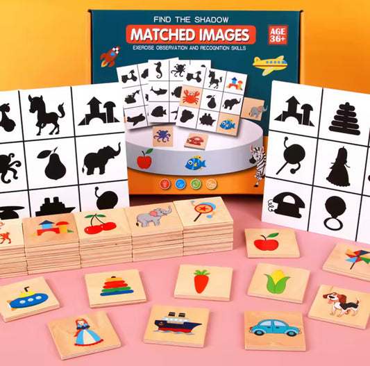 Árnyék párosító játék fa képkártyákkal és feladatlapokkal gyerekeknek.