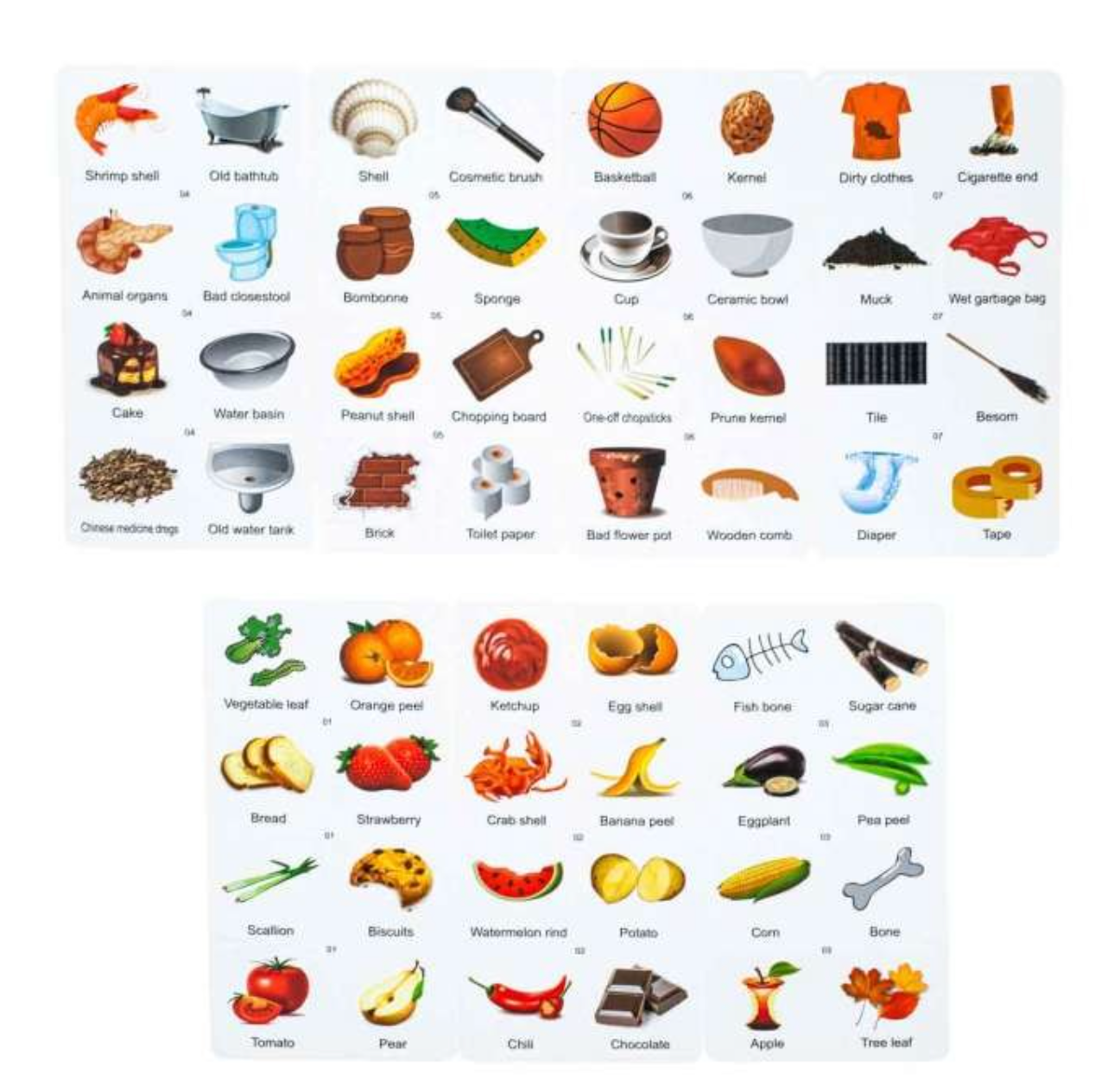 Környezeti nevelő társasjáték színes kukákkal és 112 kártyával.