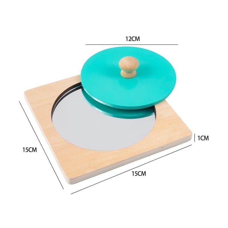 Montessori fa tükör puzzle játék méretekkel 15 × 15 cm, fedél átmérő 12 cm