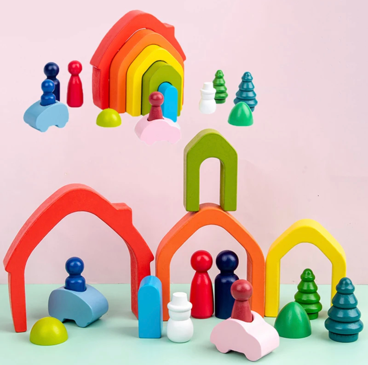 Montessori fából készült szivárvány házikók (16db)