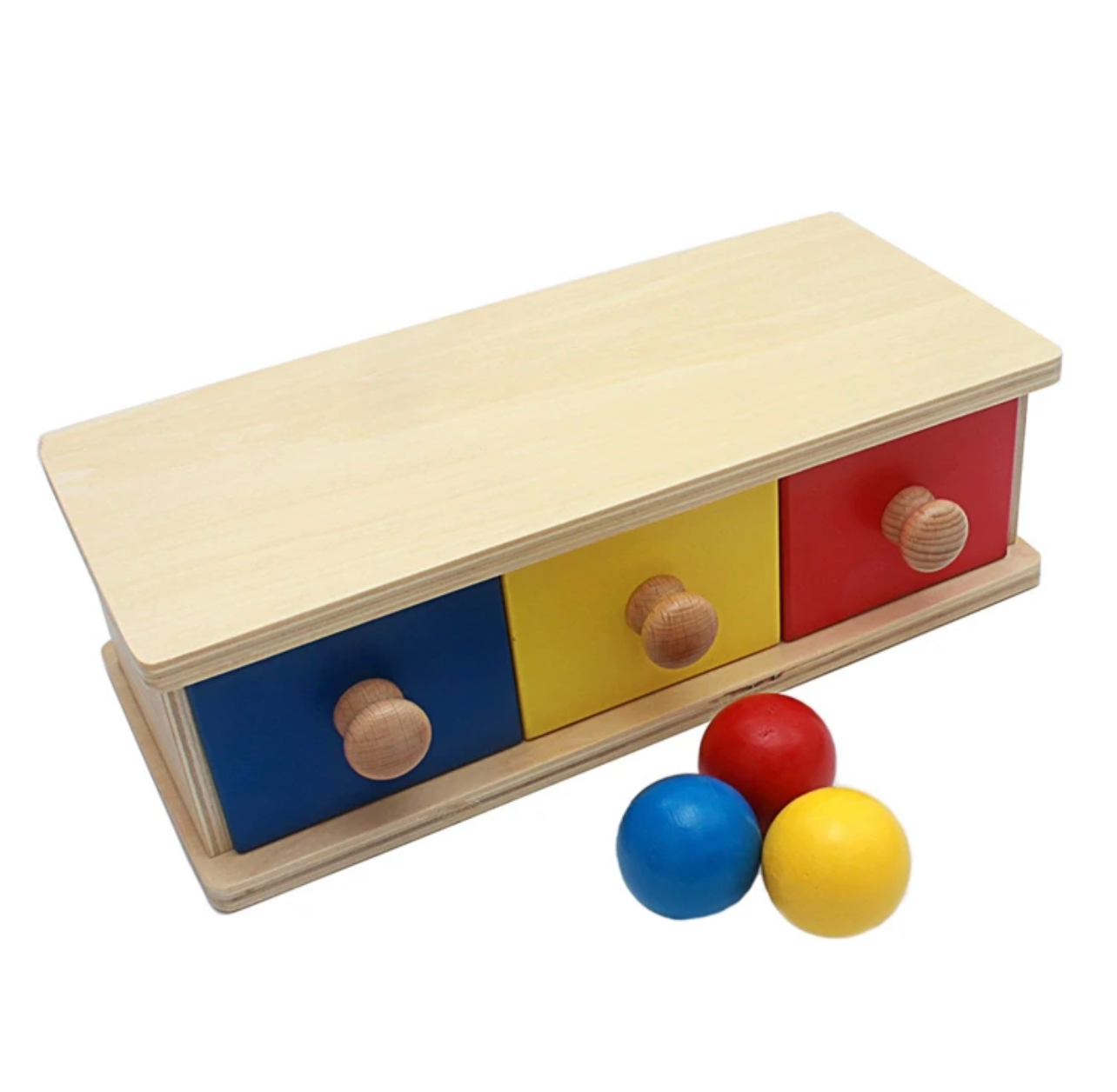 Montessori tárgyállandósági fa doboz kék, sárga és piros színű golyókkal