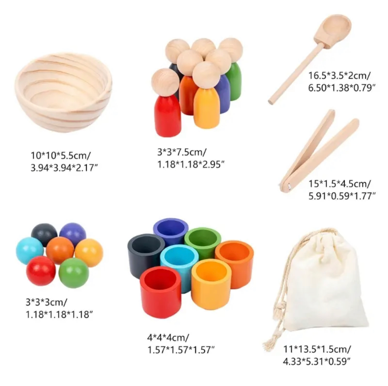 Montessori játék 7 különböző színű bábúval, golyóval és pohárkákkal