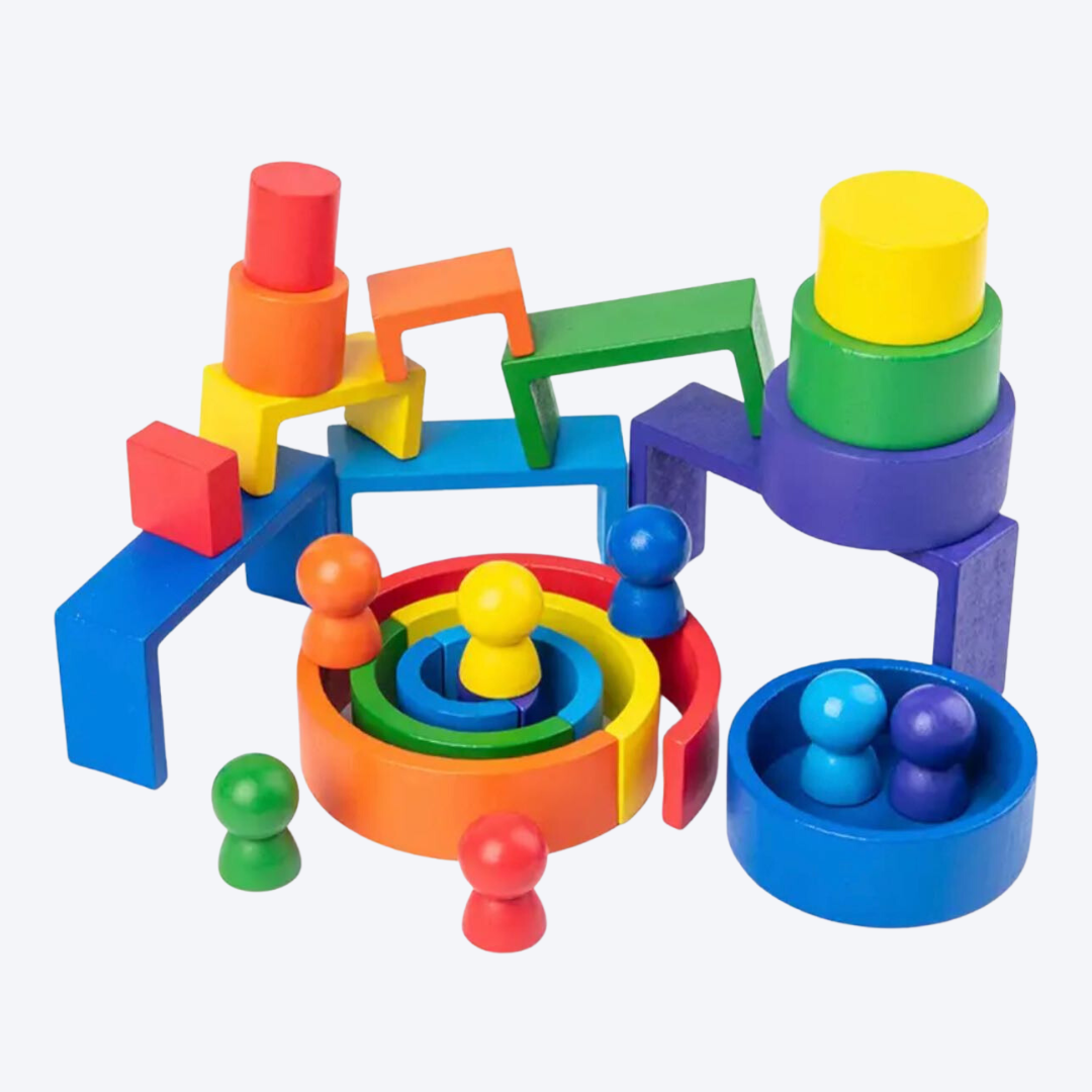 Kombinált Montessori mini szivárvány építő blokkok bábúkkal 27db