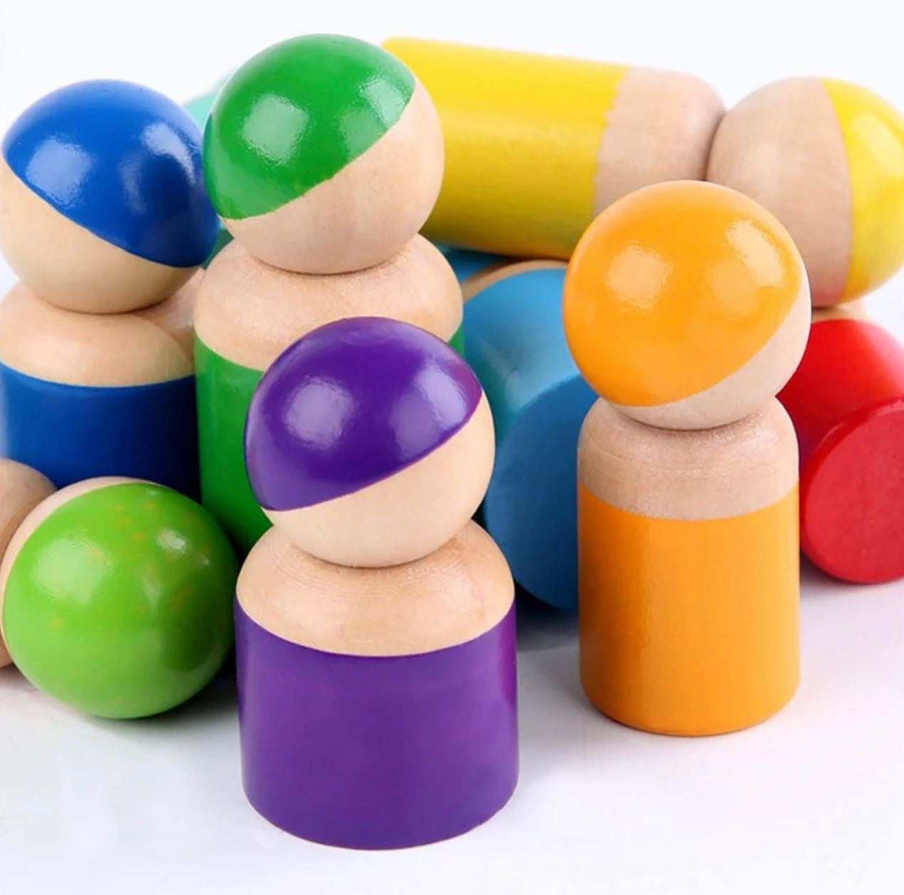 Montessori szivárvány fa henger készlet- formabeillesztő játék bábukkal