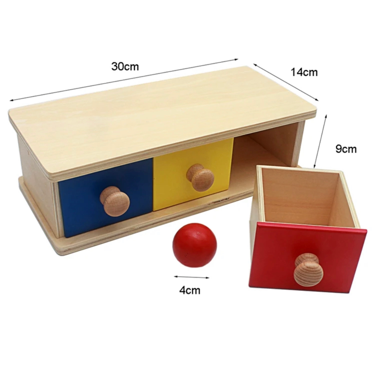 Montessori tárgyállandósági fa doboz kék, sárga és piros színű golyókkal