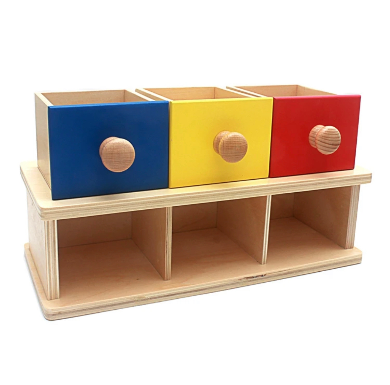 Montessori tárgyállandósági fa doboz kék, sárga és piros színű golyókkal