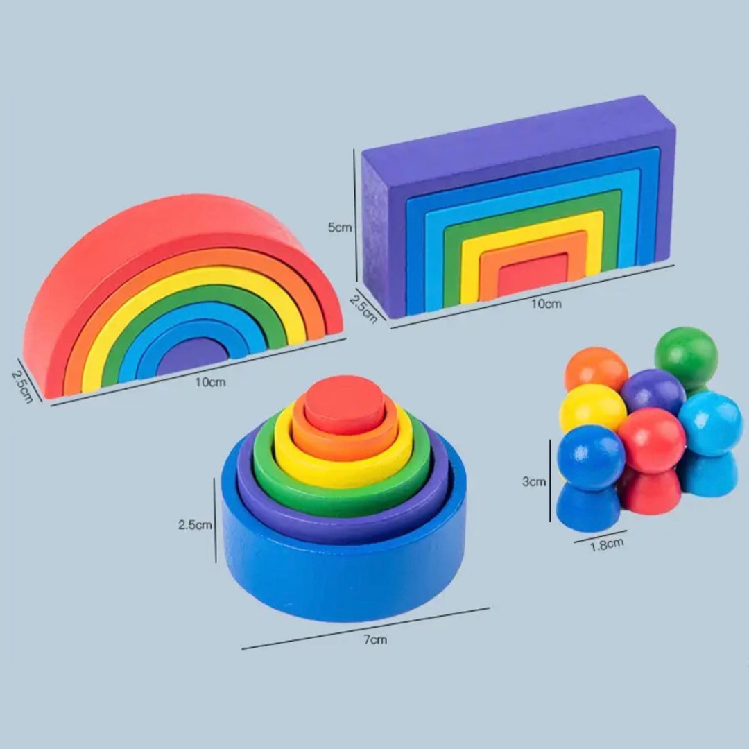 Kombinált Montessori mini szivárvány építő blokkok bábúkkal 27db
