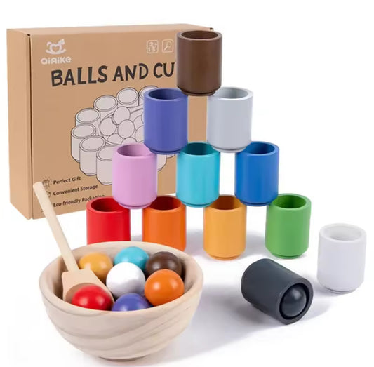 Montessori Színes Golyók és Poharak – Fa Válogató Játék