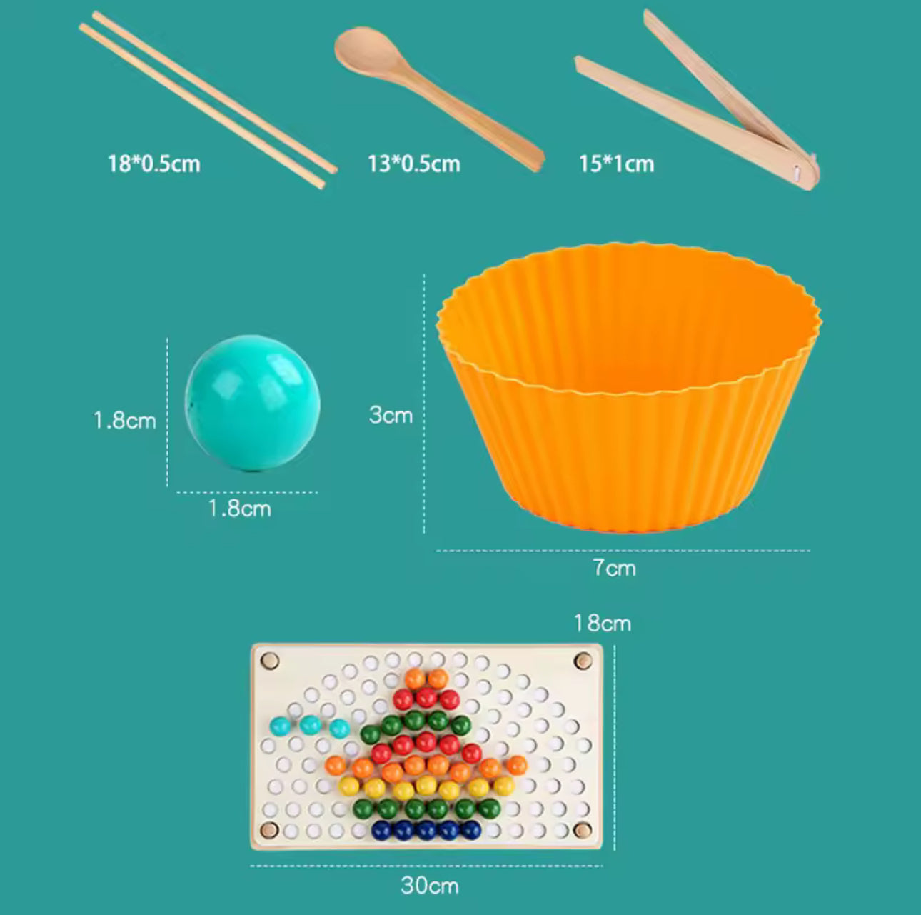 Montessori fa szortírozó tábla méretekkel: golyók, poharak, kanál, csipesz és evőpálcika.