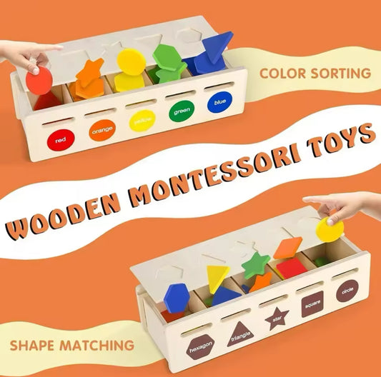 Montessori fából készült geometria és színes társasjáték doboz