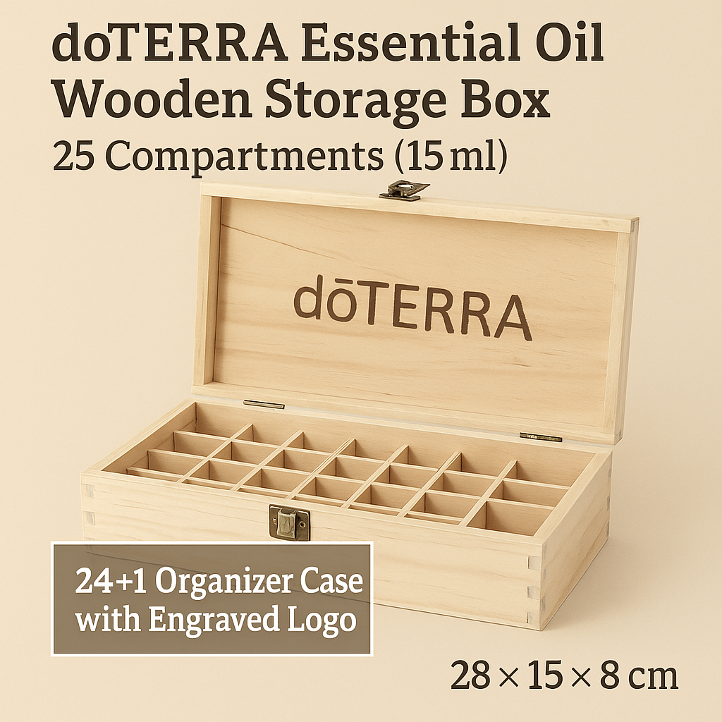 DoTERRA illóolaj-tároló fadoboz – 25 rekesz (15 ml)
