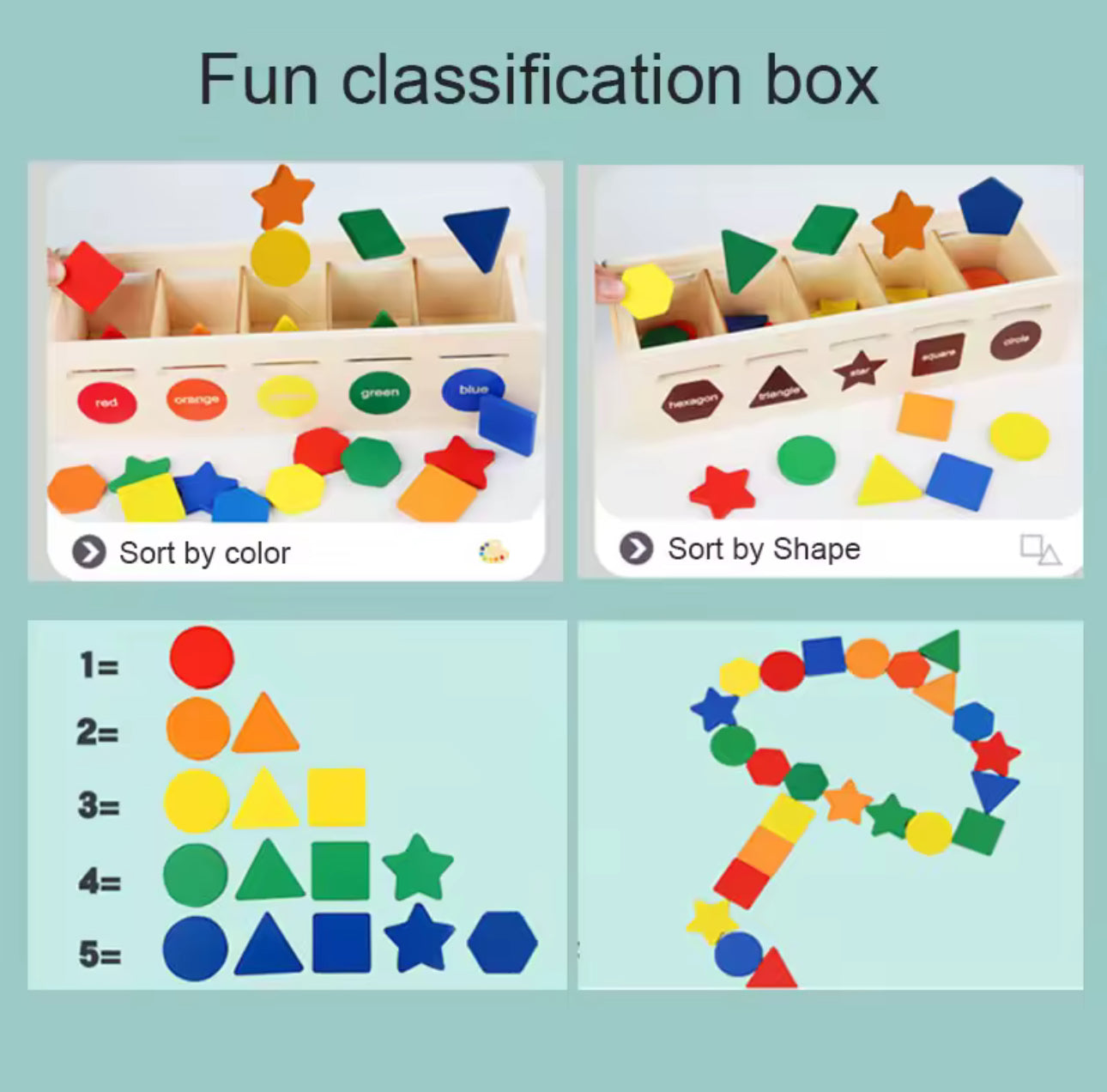 Montessori fából készült geometria és színes társasjáték doboz