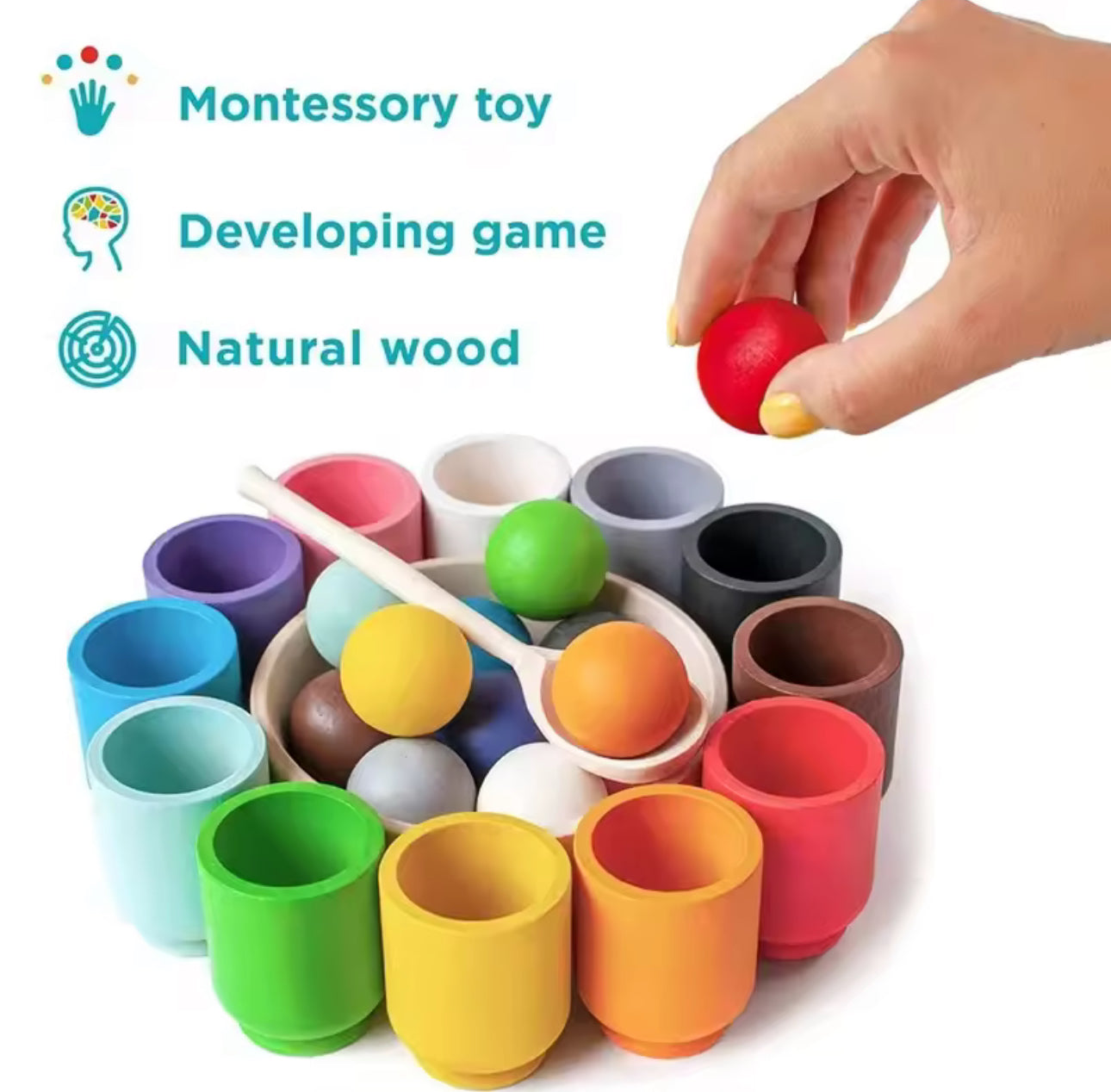 Montessori Színes Golyók és Poharak – Fa Válogató Játék