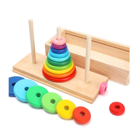 Montessori fa Hanoi torony építő játék szivárványos gyűrűkkel