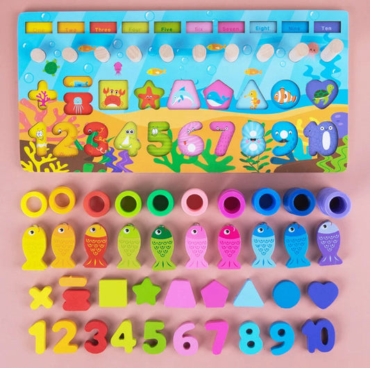 Montessori fa horgász puzzle tábla számokkal, színes halakkal, formákkal és karikákkal